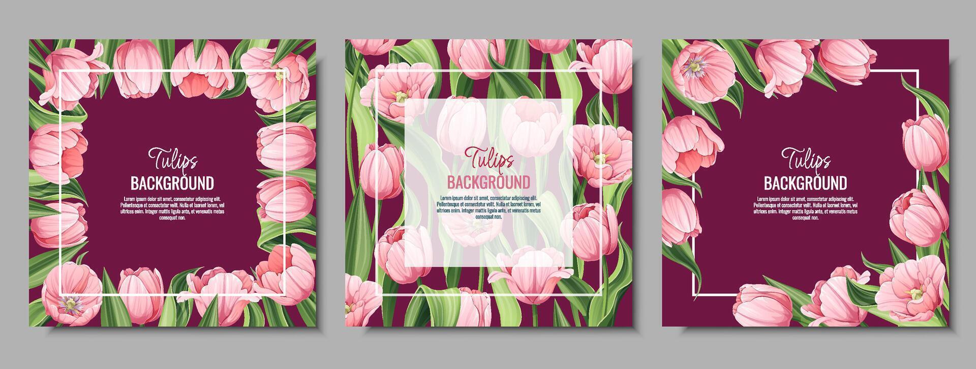 Set of greeting card, banner with pink tulips. Spring background for International Women s Day, March 8. Frame with delicate spring flowers. vector