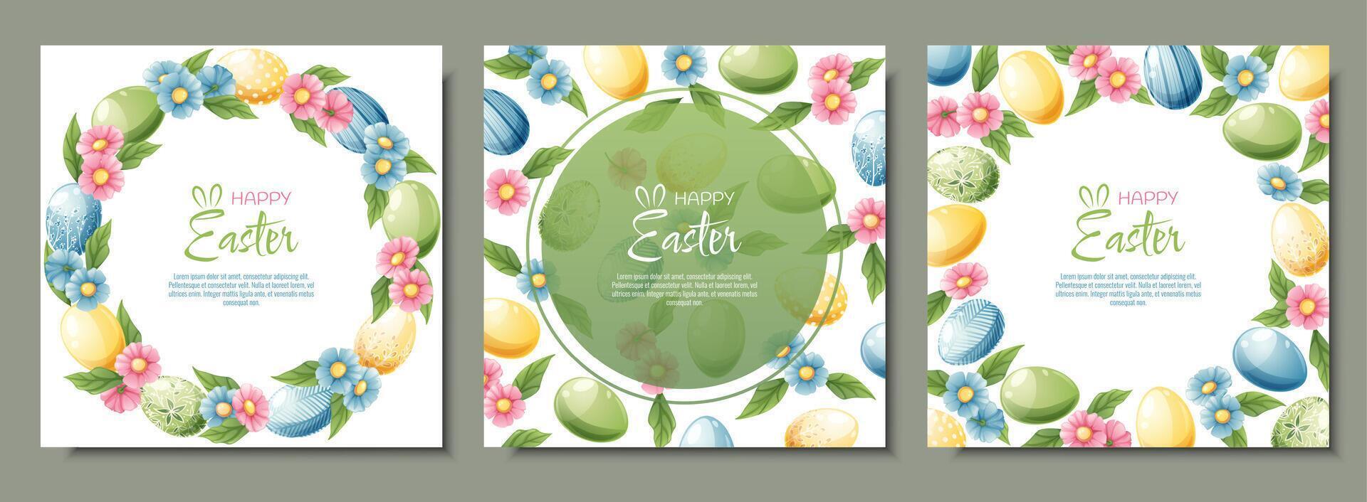 conjunto de antecedentes con Pascua de Resurrección huevos y flores tarjeta postal, bandera para Pascua de Resurrección. primavera tiempo. marco con vistoso huevos. vector