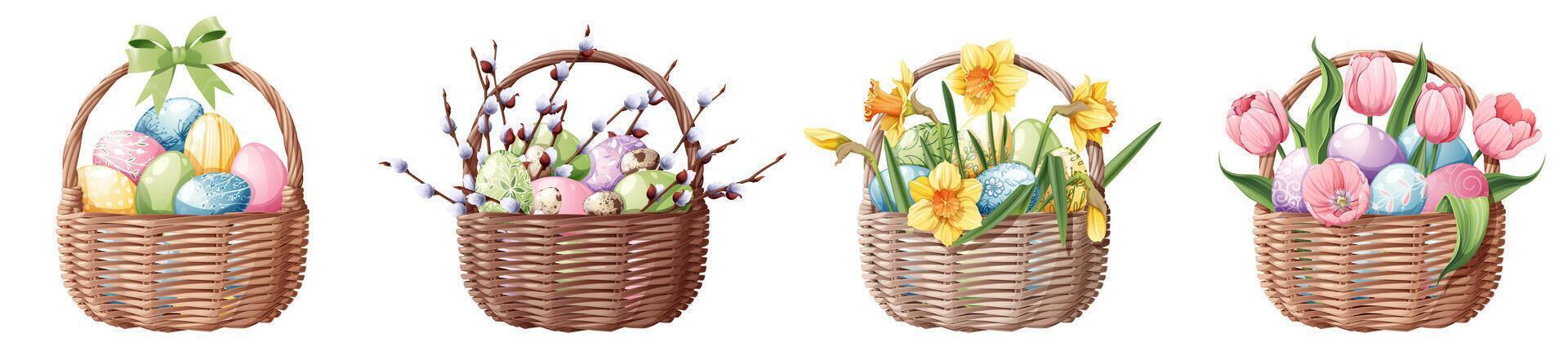 conjunto de cestas con Pascua de Resurrección huevos y primavera flores en un aislado antecedentes. vector ilustración para contento Pascua de Resurrección. Pascua de Resurrección clipart para decoración, diseño y pegatinas