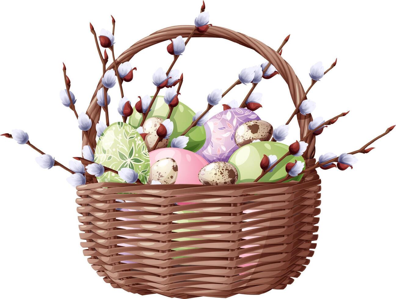 Basket with Easter eggs and pussy willow branches on an isolated background. Vector illustration for Happy Easter. Easter clipart for cards, stickers, etc.