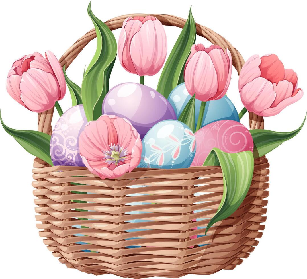 Basket with Easter eggs and tulips on an isolated background. Vector illustration for Happy Easter. Easter clipart for cards, stickers, etc.