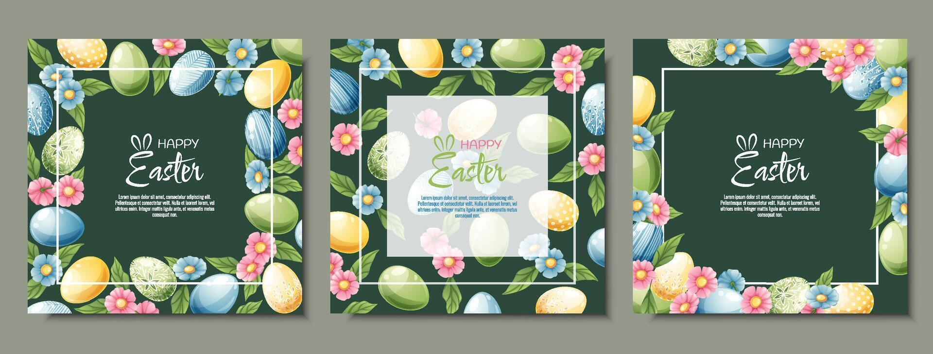 Set of Background with Easter eggs and flowers. Postcard, banner for Easter. Spring time. Frame with colorful eggs. vector