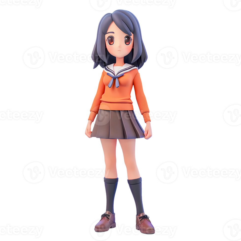 ai gegenereerd 3d anime meisje in school- uniform. tekenfilm karakter in bruin trui en rok staat geïsoleerd Aan transparant achtergrond png