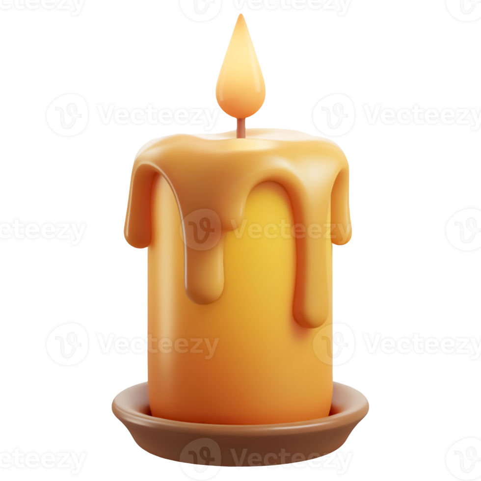 AI generated 3D burning candle with melting point sits on brown holder isolated on transparent background. Cartoon glossy icon png