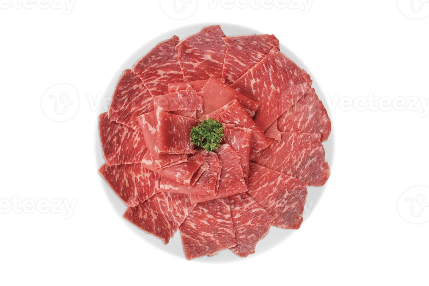 une proche en haut détaillé image de tranché Japonais wagyu du boeuf dans une céramique assiette préparé pour shabu shab png