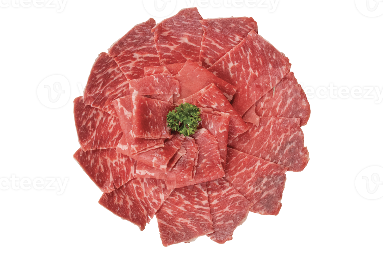 en stänga upp detaljerad bild av skivad japansk wagyu nötkött i en keramisk tallrik beredd för shabu shab png