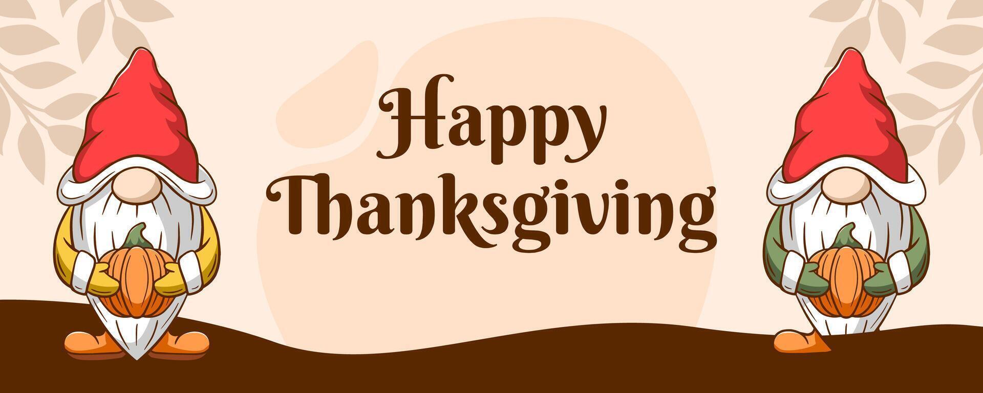 Happy thanksgiving banner with funny cartoon gnome, pumpkin. vector illustration