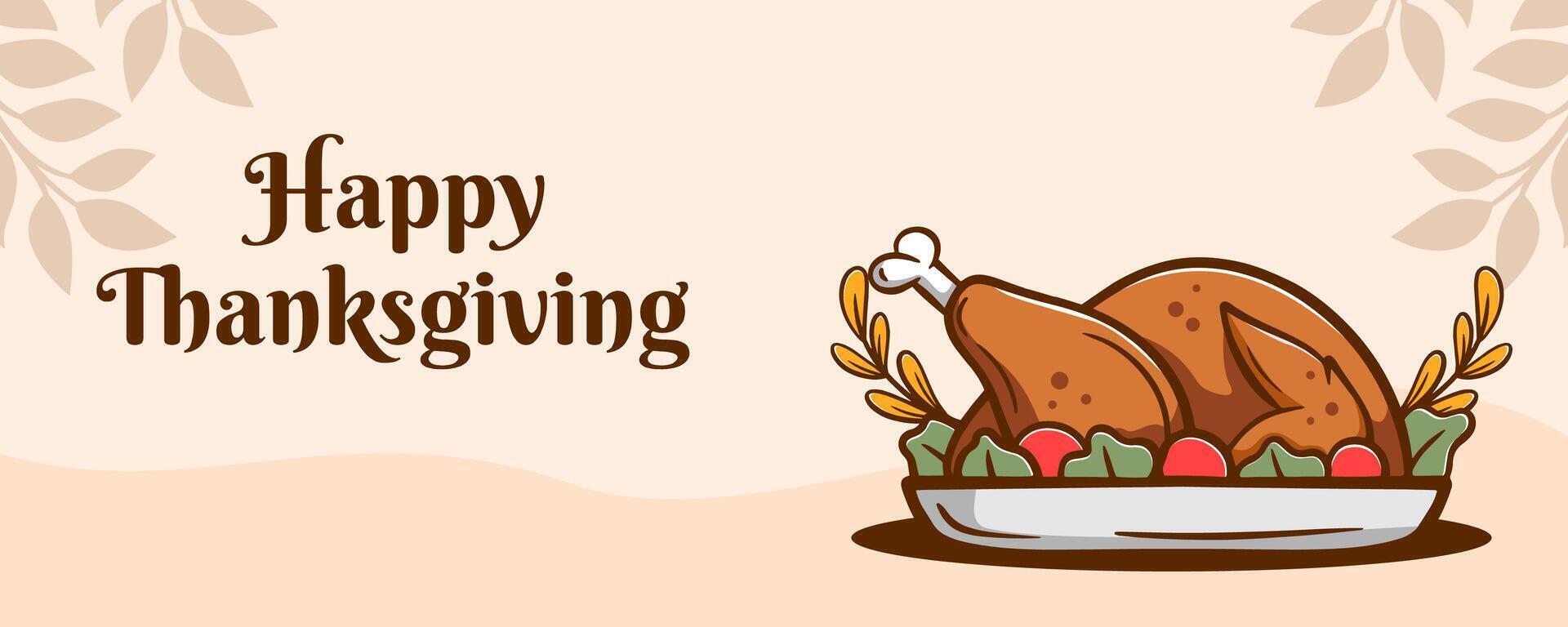 Happy thanksgiving banner with cartoon turkey, pumpkin. vector illustration