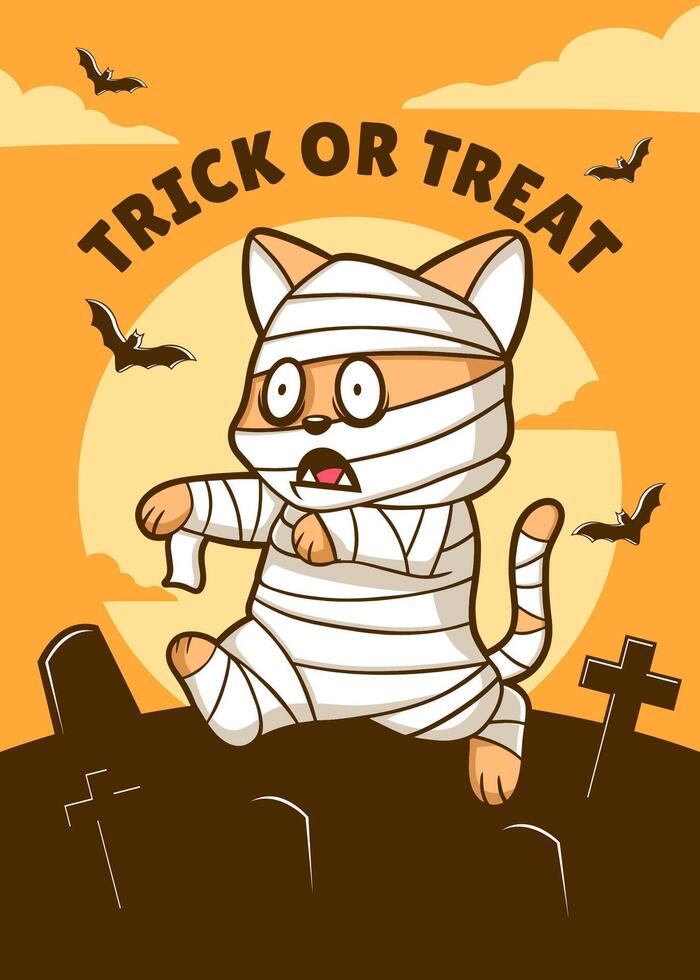 Happy halloween funny mummy cat with bats, pumpkin. vector illustration