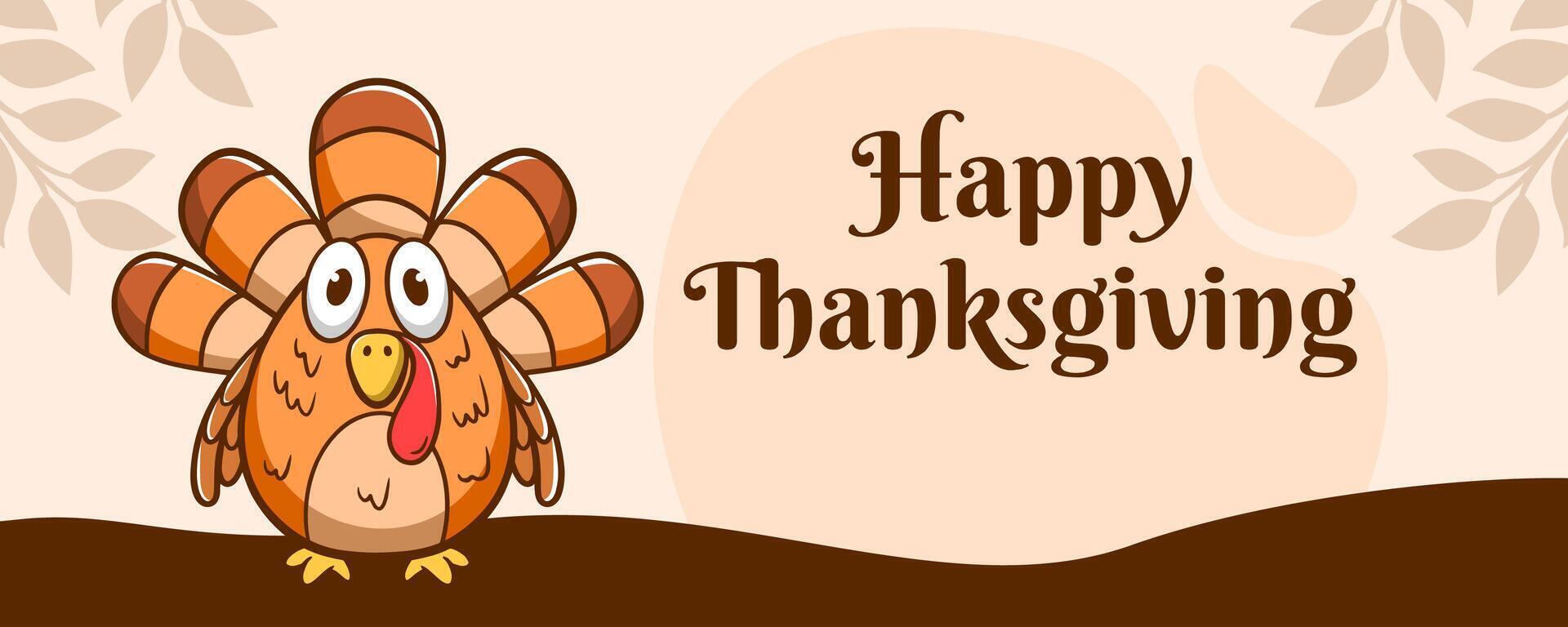 Happy thanksgiving banner with funny cartoon turkey. vector illustration