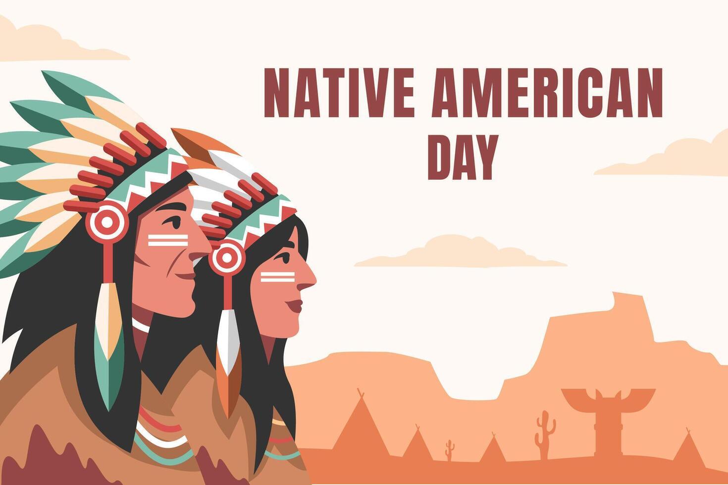 Native american day, people with headdress feather vector illustration
