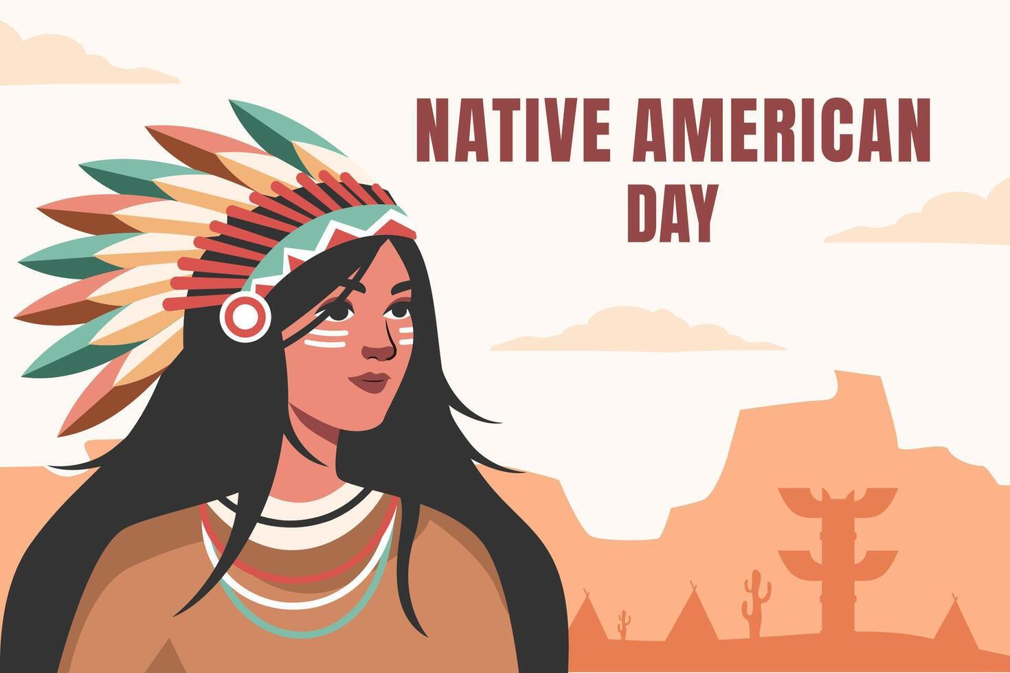 Native american day, people with headdress feather vector illustration