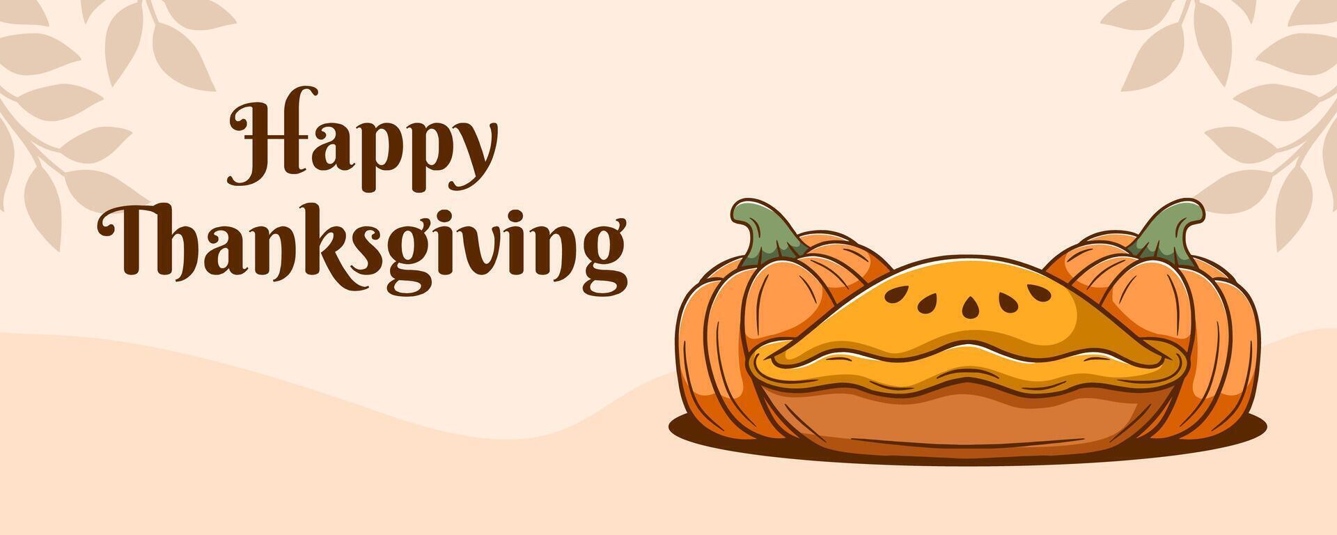 Happy thanksgiving banner with cartoon pie, pumpkin. vector illustration