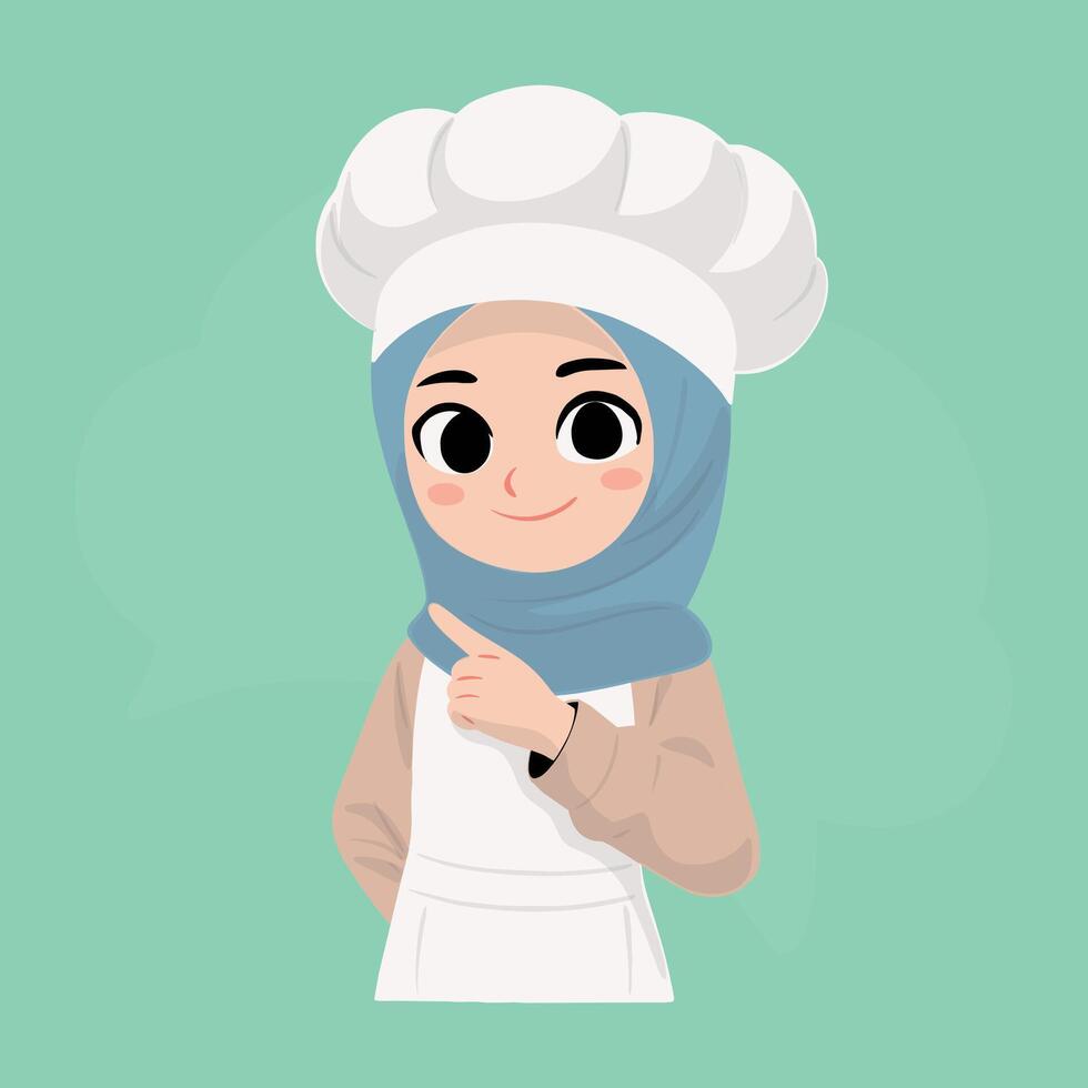 joven hijab cocinero señalando a su lado vector