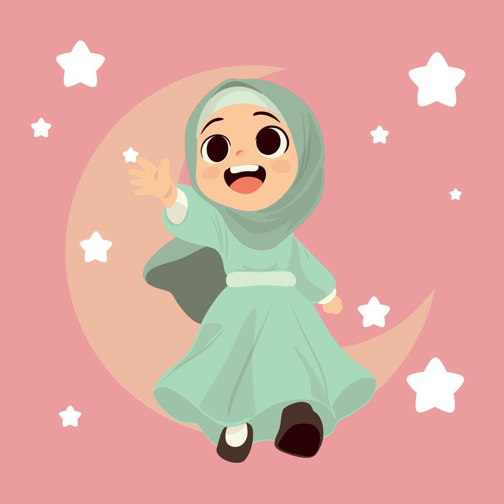 linda hijab niña levantamiento mano vector