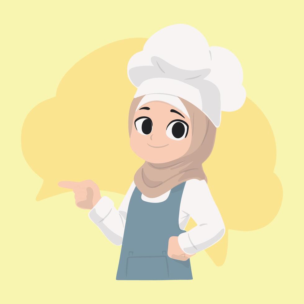 Young Hijab Chef Pointing to Her Right Side vector