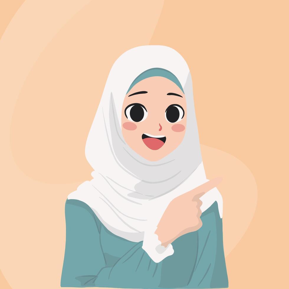 joven hijab niña señalando su lado vector