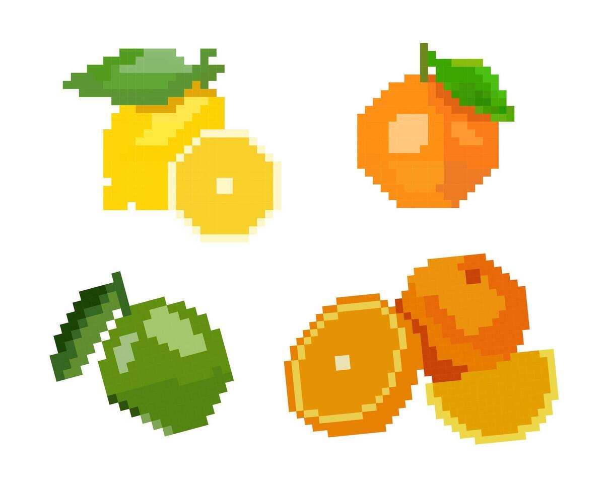 Orange pixel set vector isolated on white background. Pixelated fruit vector.