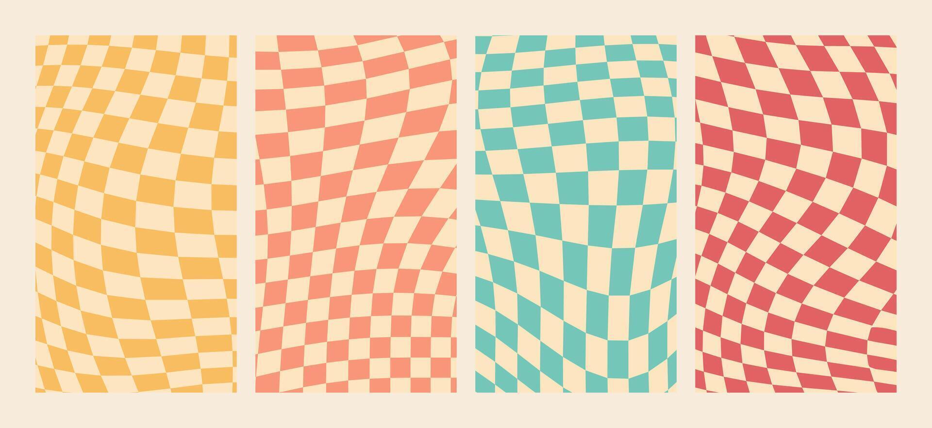 Groovy wavy checkerboard pattern vertical background set vector