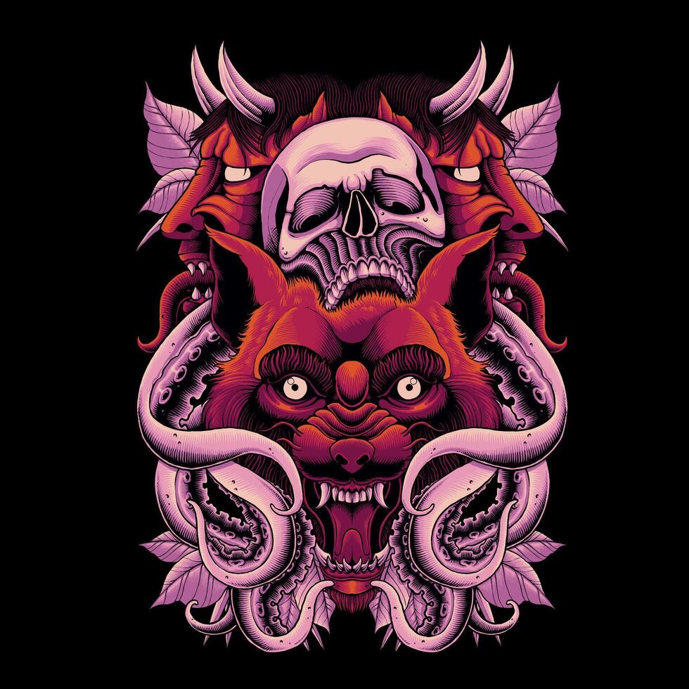 red wolf and skull vector