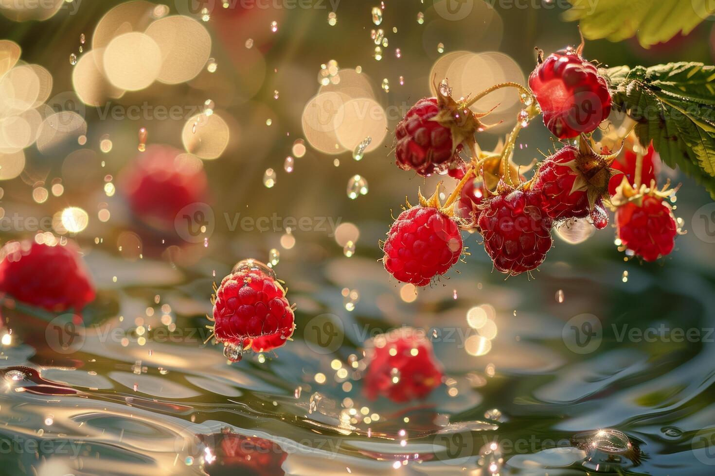 ai generado flotante frambuesas con agua gotas foto