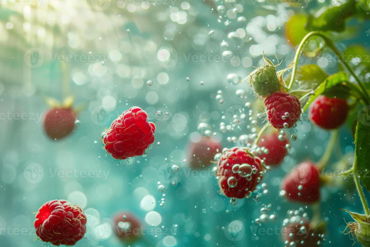 AI generated Sun-kissed Raspberries Floating in Sparkling Water photo