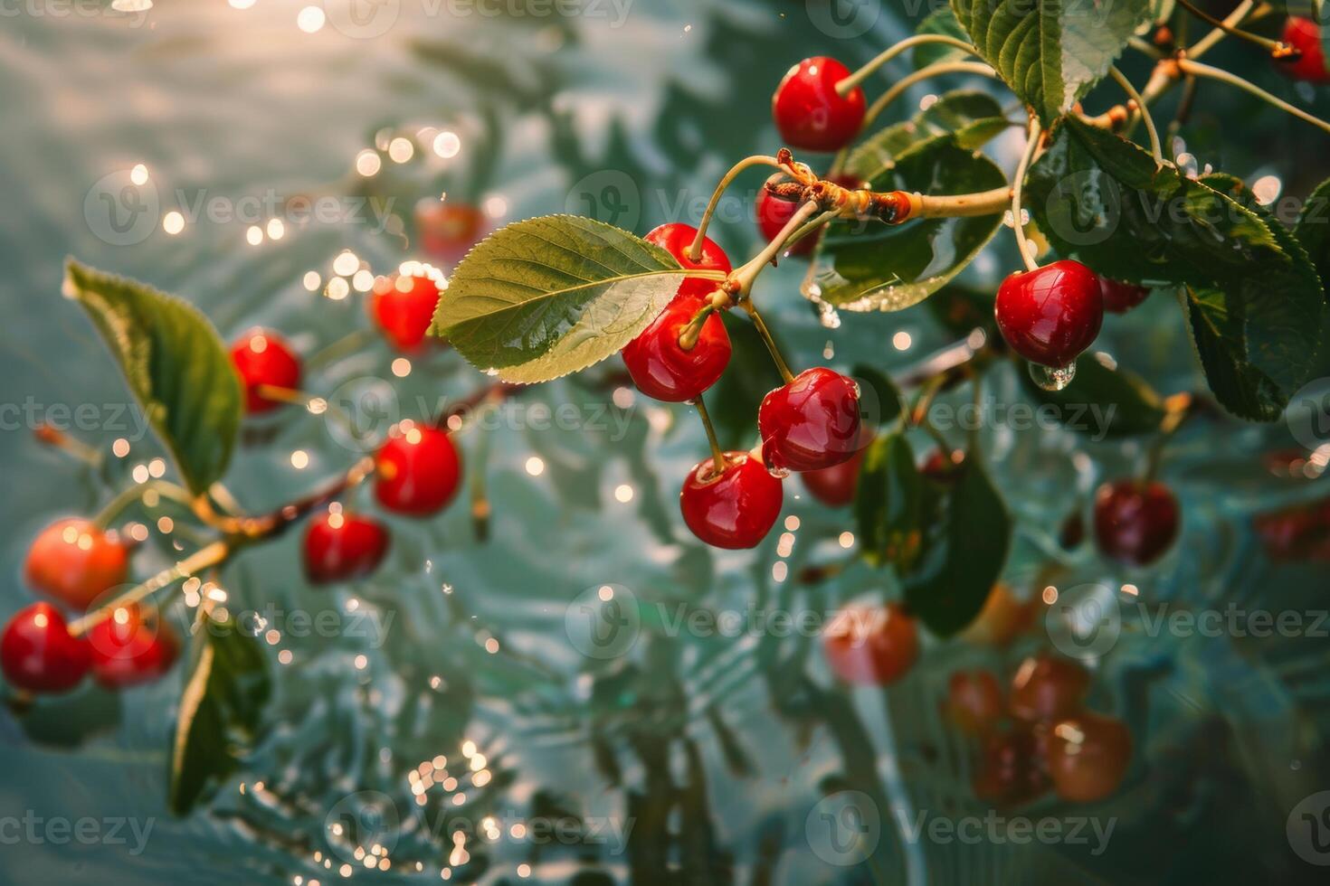AI generated Bunch of Cherries Hanging From Tree photo