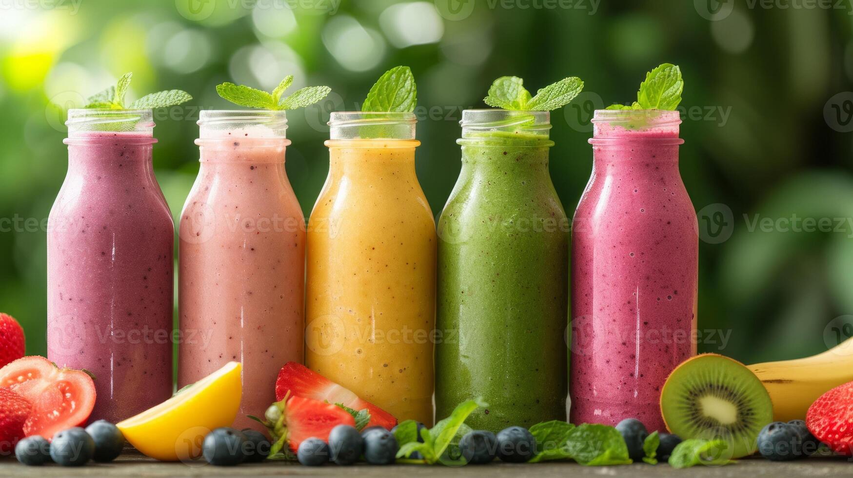 AI generated Fruits smoothie in the bottles, set, realistic photo