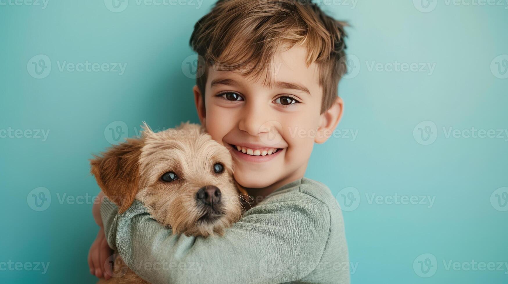AI generated Little boy hugging your little dog on pastel blue background photo