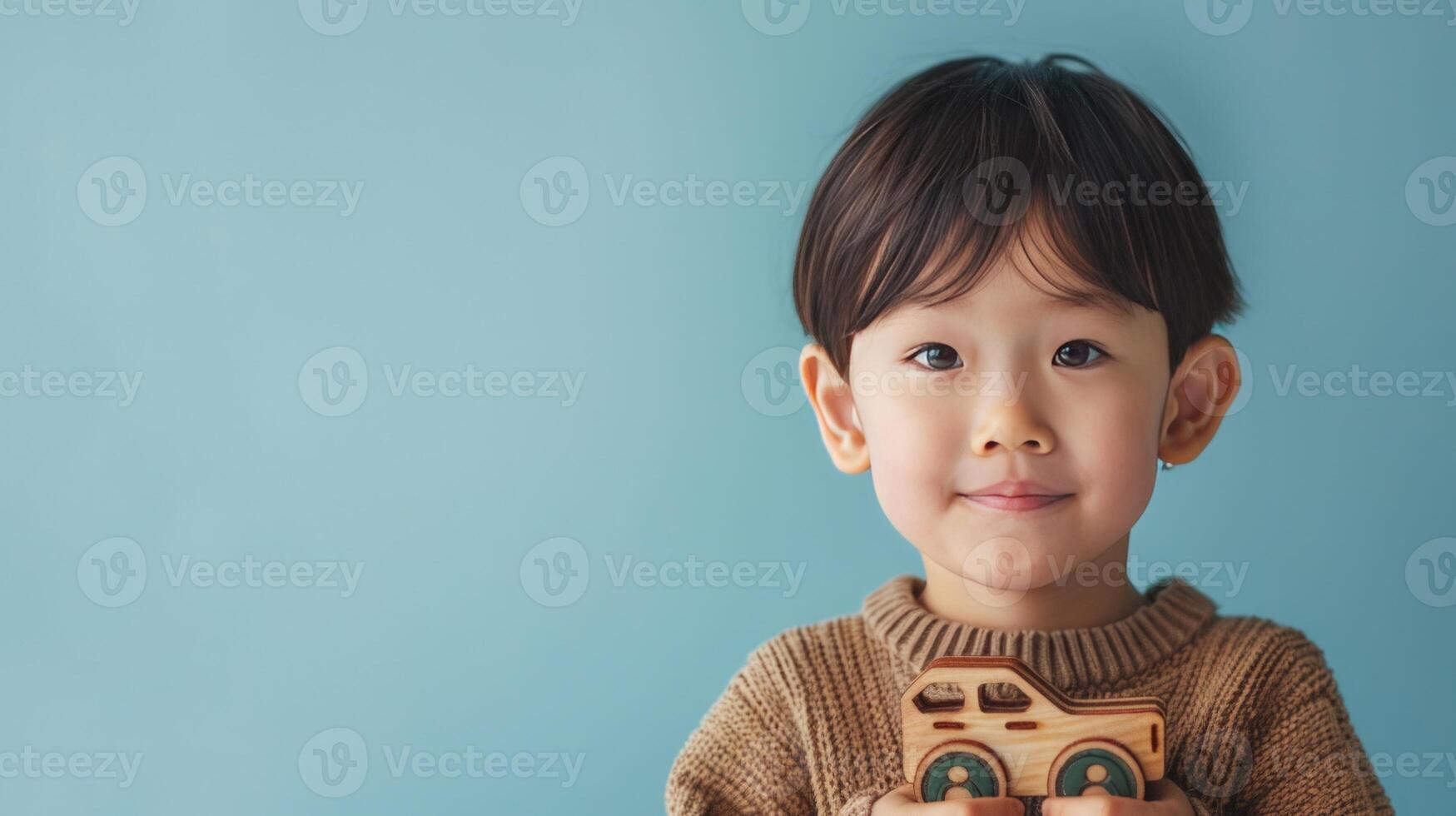 AI generated Little boy hugging car toy on pastel blue background photo
