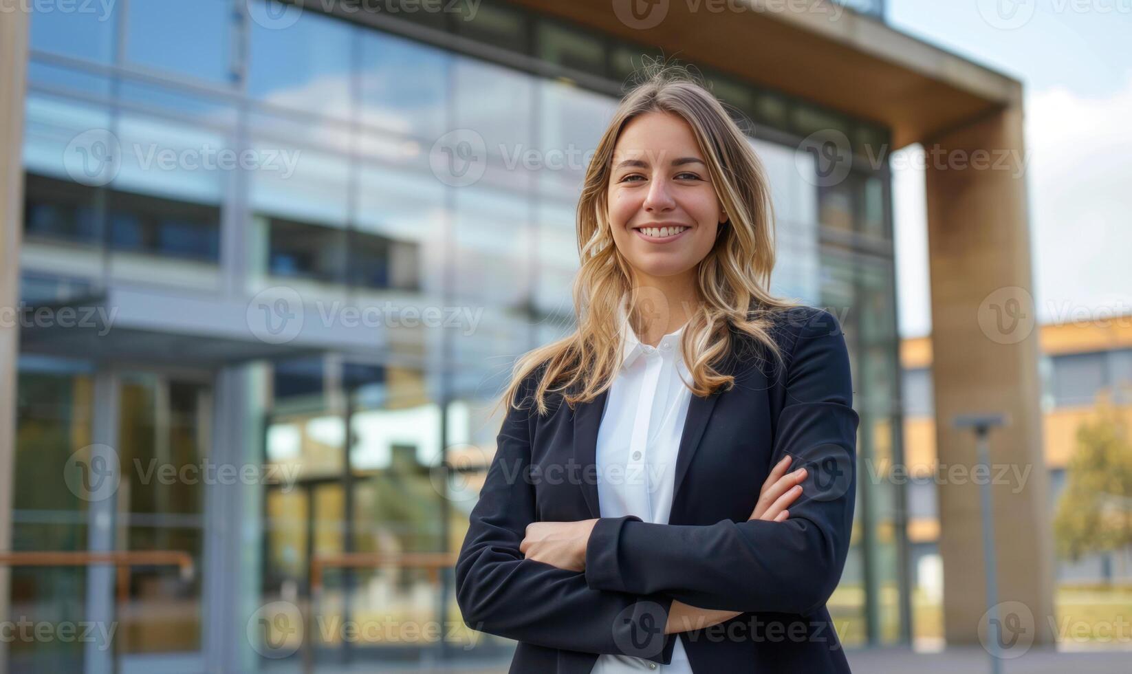 AI generated Portrait of a Happy business woman standing outside a office building, standing with arms crossed,  businesswoman photo
