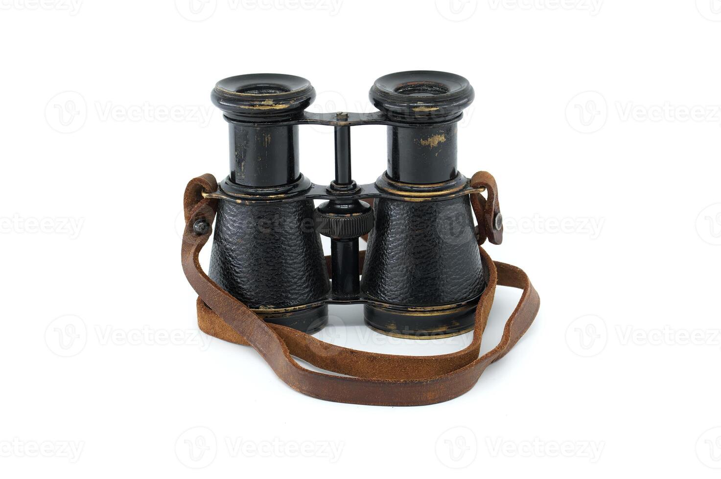 Binoculars with brown leather straps isolated on white photo