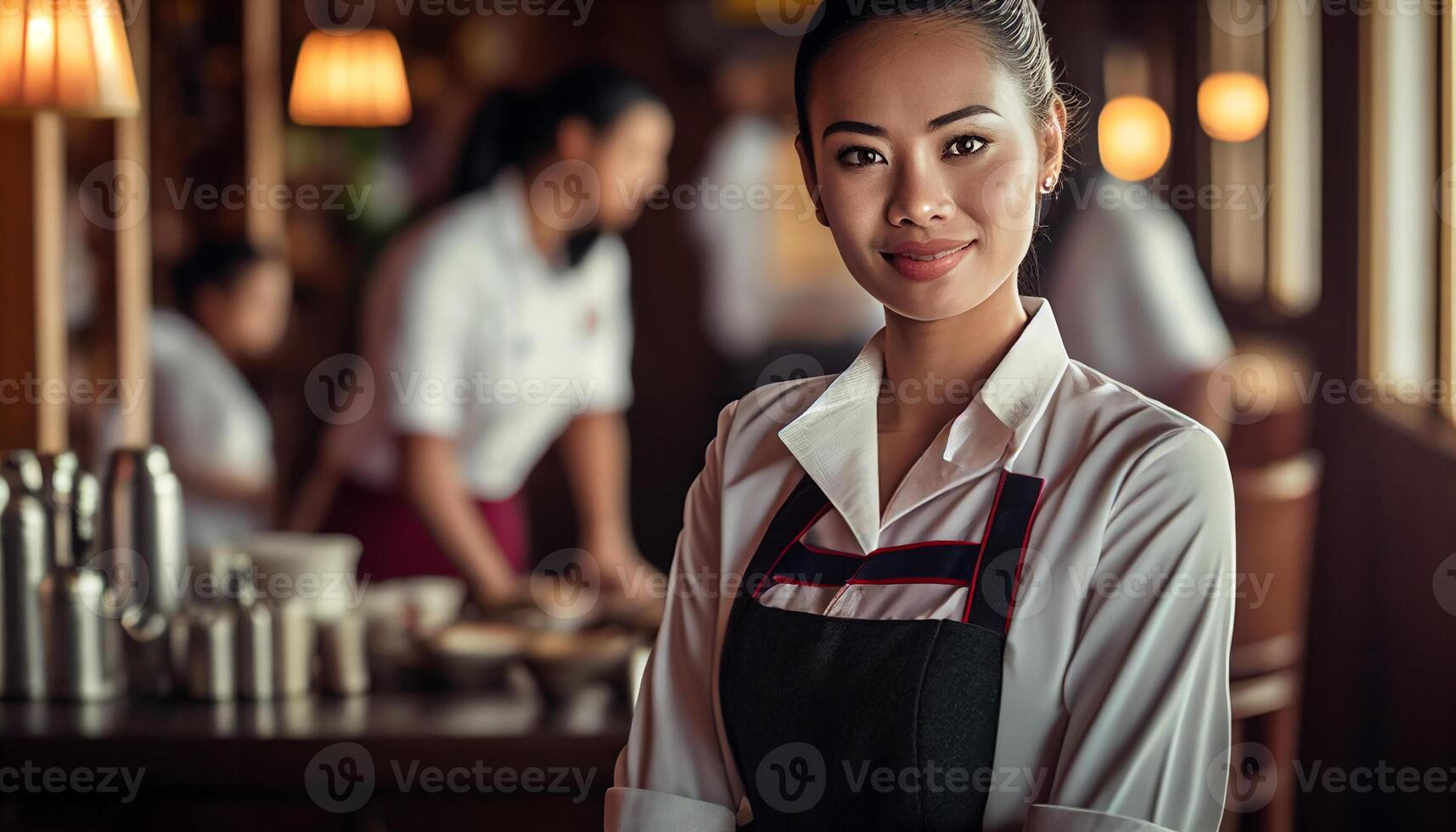 AI generated Asian woman in an apron standing restaurant. Generative Ai photo