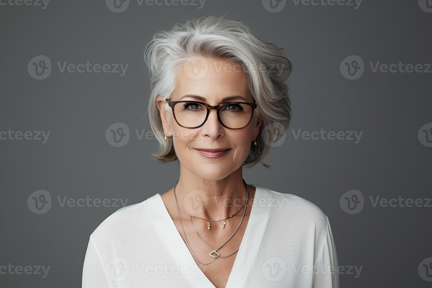 AI generated Beautiful senior woman on grey background photo