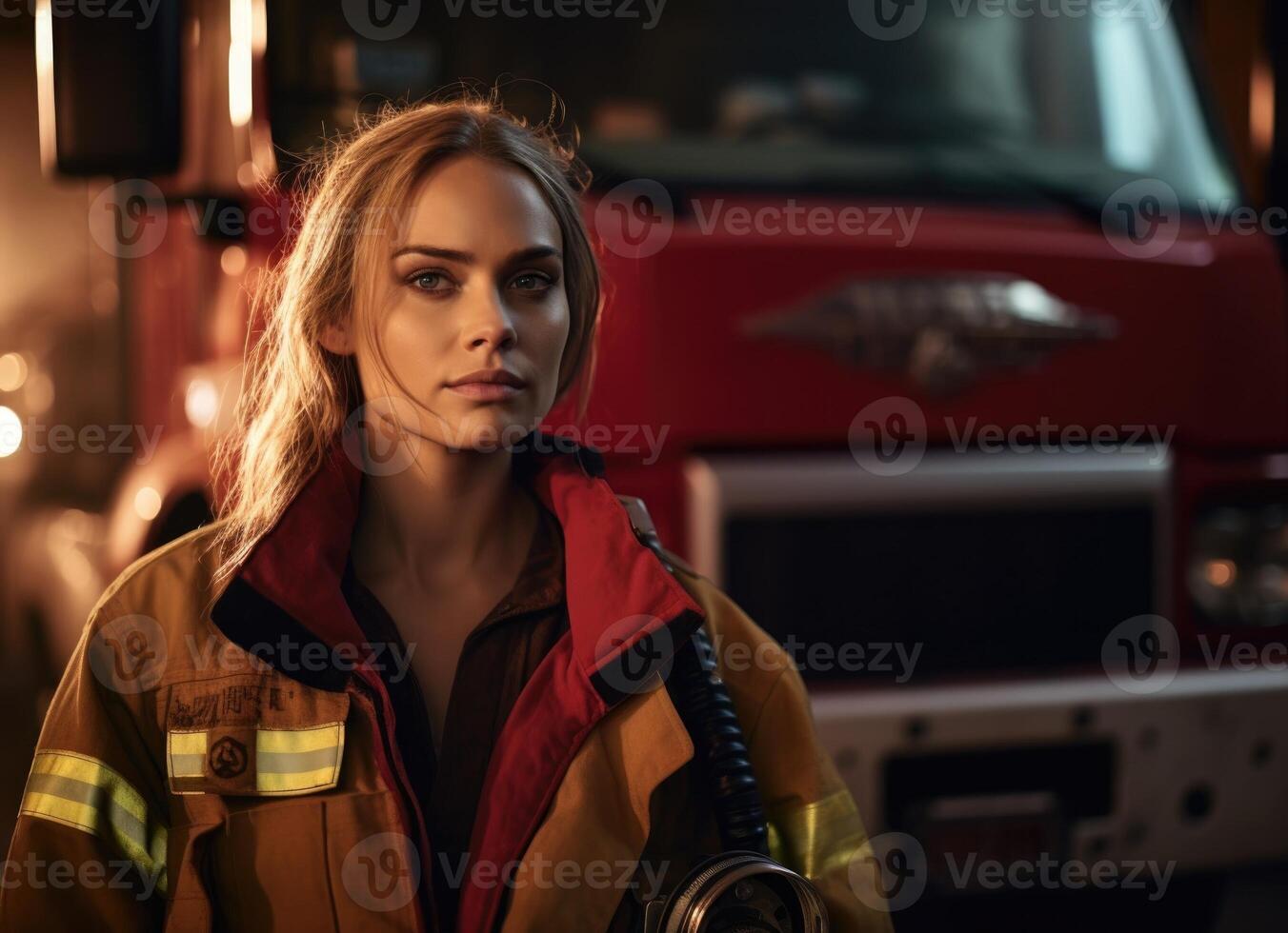 AI generated Young Female Firefighter Beside a Fire Truck During Golden Hour photo