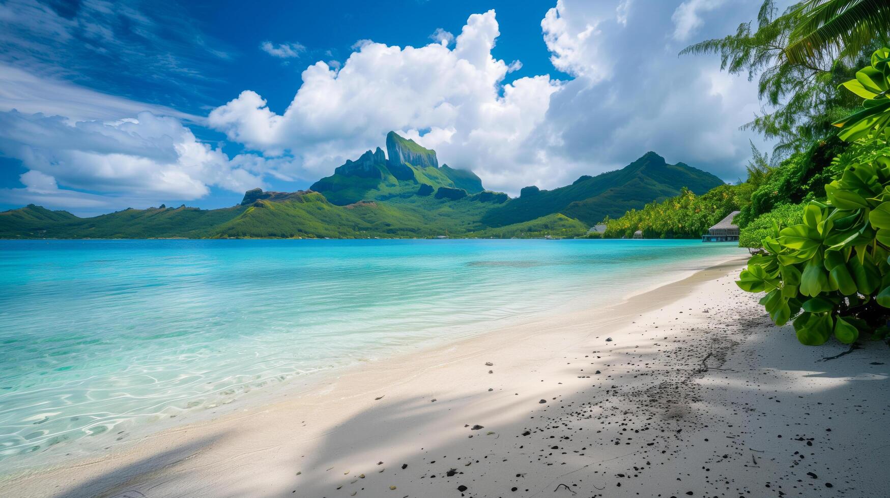 ai generado hermosa ver de playa con distante montaña. Perfecto para viaje folletos, vacaciones sitios web, y naturaleza temática diseños necesitando escénico antecedentes. foto