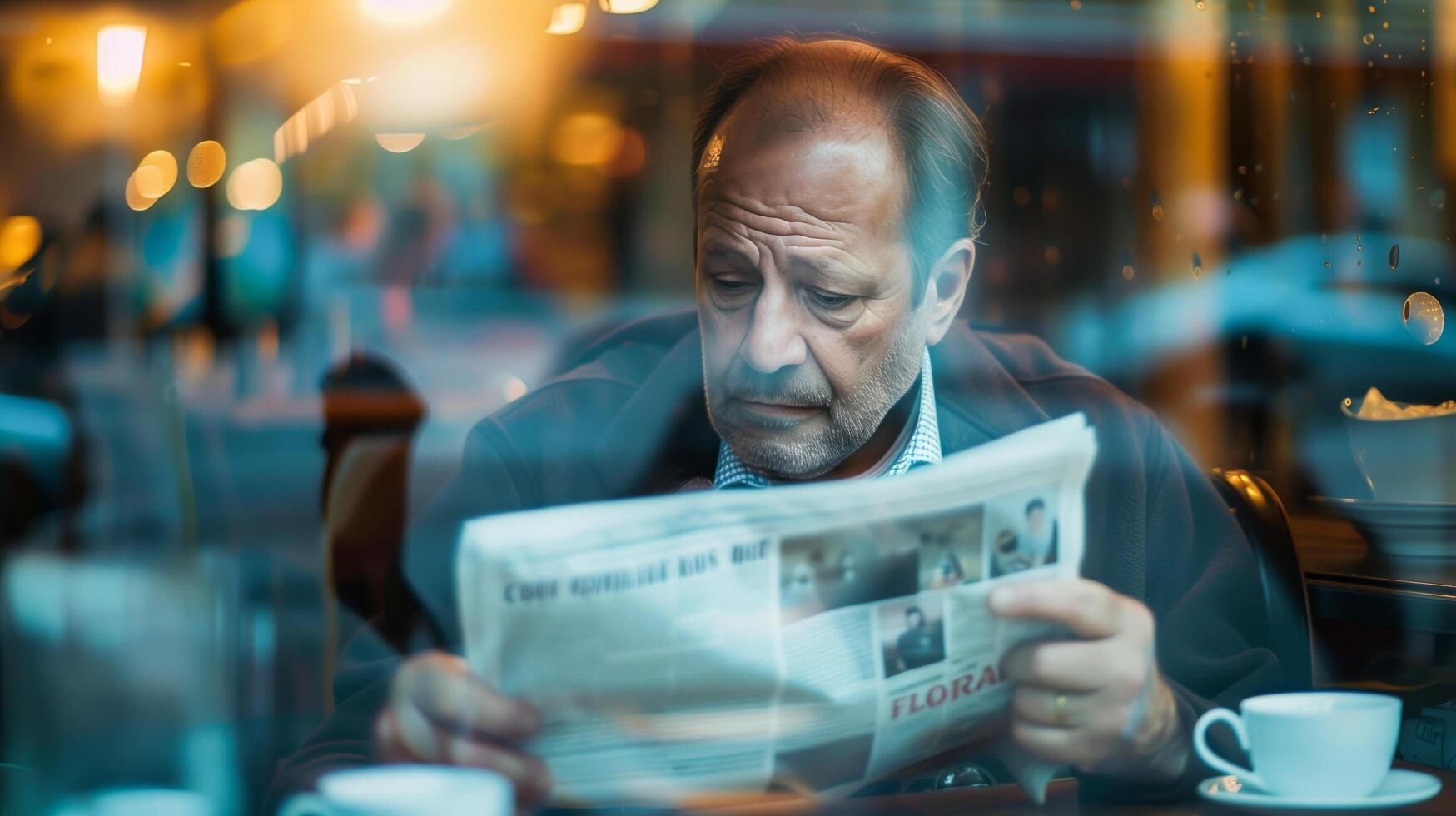 ai generado sentado hombre leyendo periódico en café con café taza. Perfecto para artículos, blogs, o social medios de comunicación publicaciones relacionado a sin prisa mañanas. foto