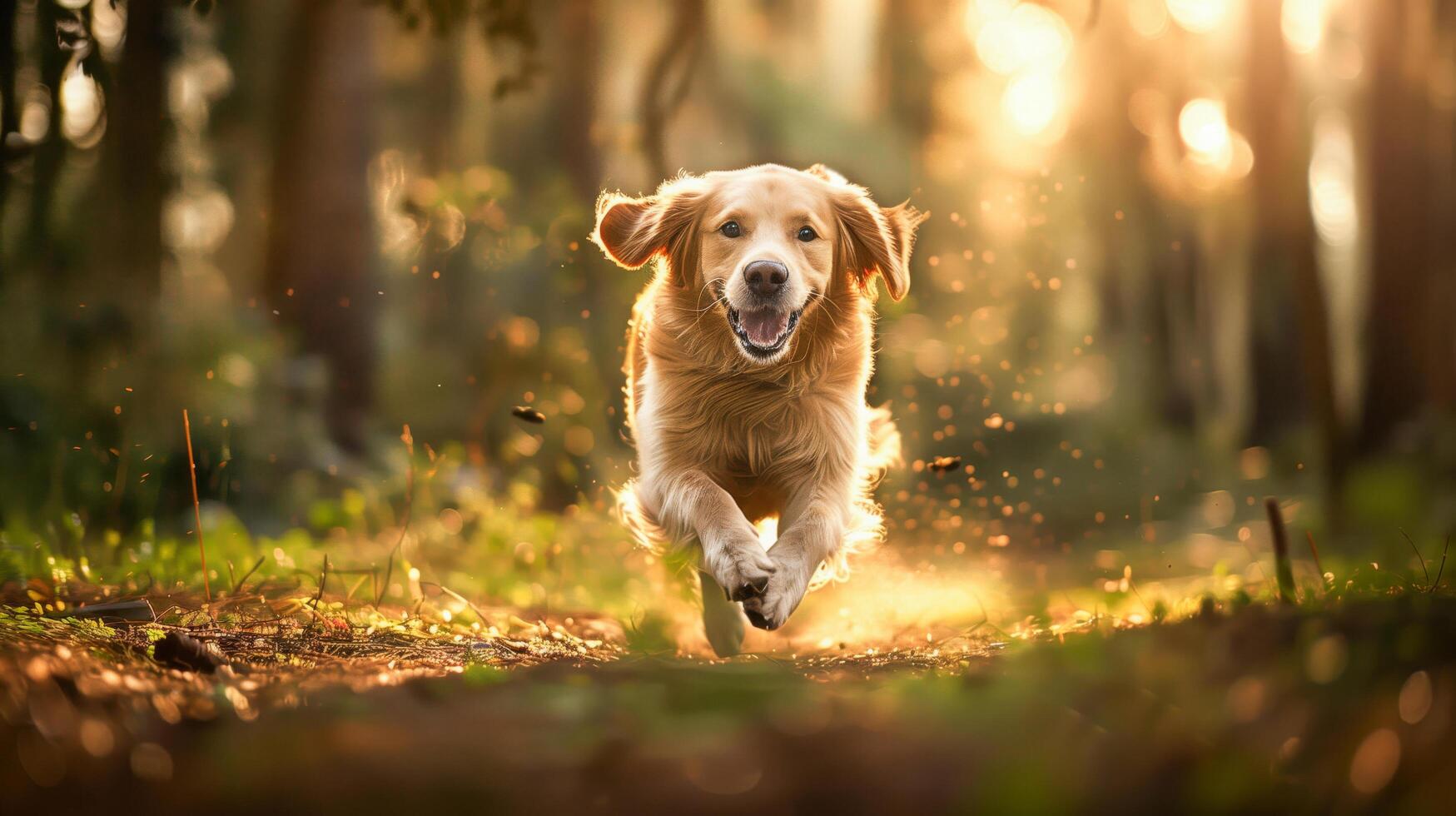 AI generated Golden retriever dog running in forest, suitable for pet websites, outdoor adventures, animal themed designs, dog training materials, nature blogs, and pet product ads. photo