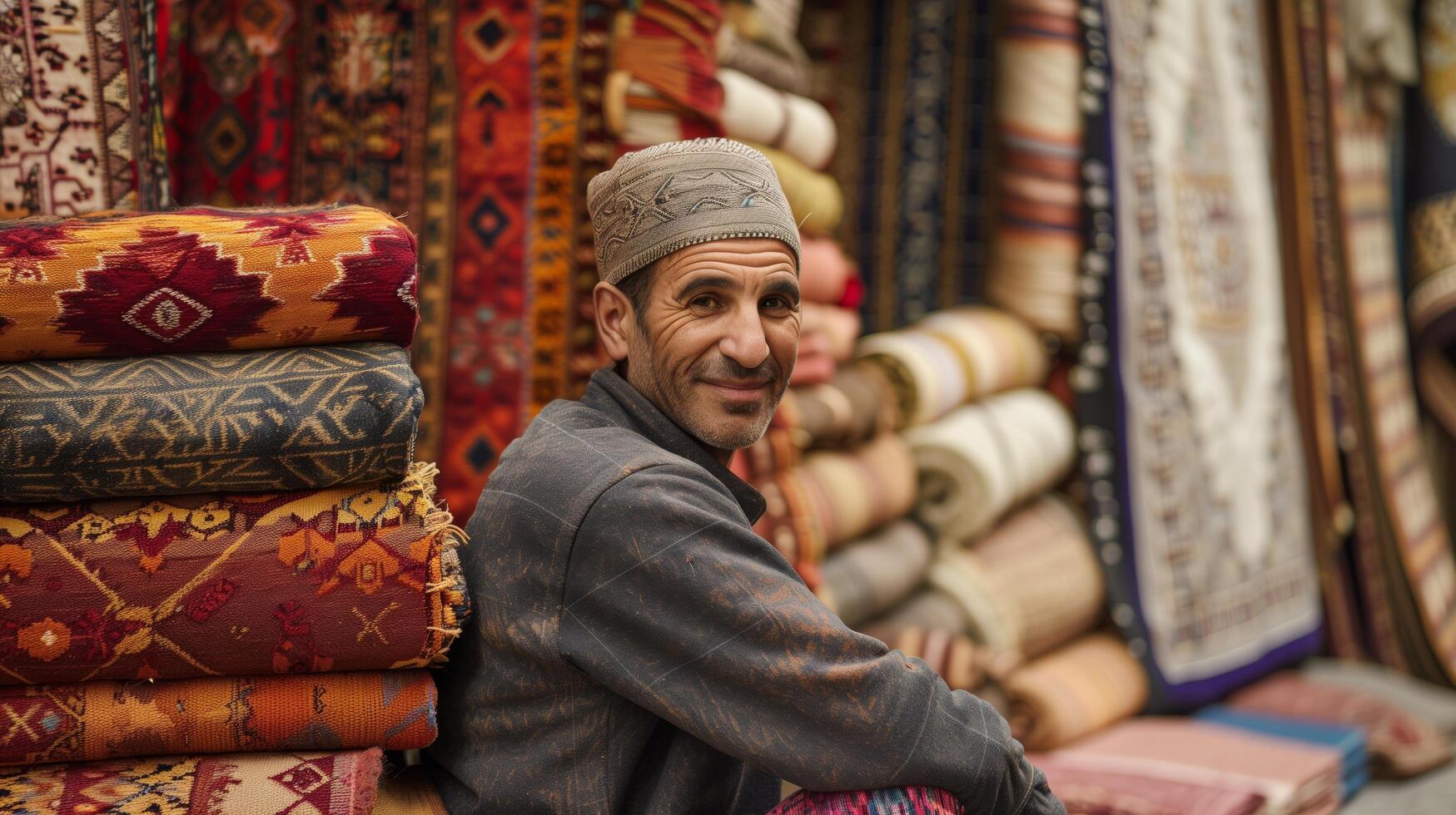 AI generated Middle Eastern man in traditional clothing by pile of carpets. Ideal for travel brochures, cultural blogs, interior design websites. Great for advertising rugs. photo
