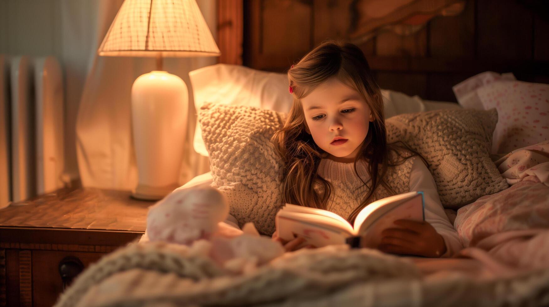 ai generado linda pequeño niña inmerso en Noche leyendo en cama, adecuado para ilustrando hora de acostarse rutinas, literatura, y relajación antes de dormir. foto