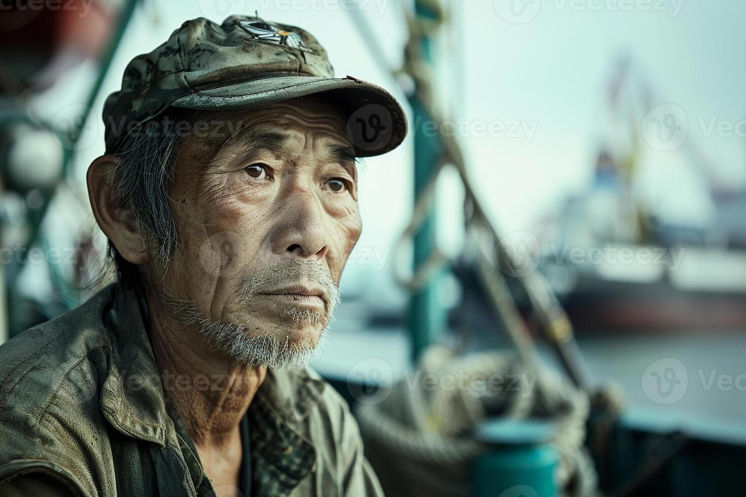 AI generated Day of the Seafarer Portrait Seafarer Gazing at Horizon in Bustling Port photo