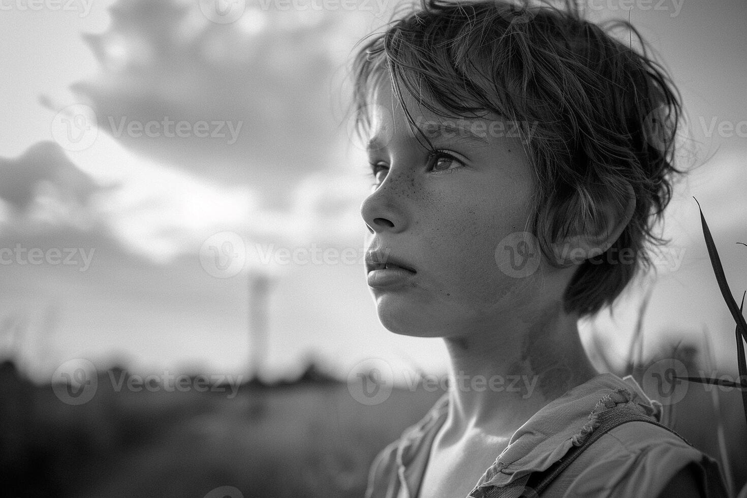 ai generado conmovedor niño retrato en trabajo ajuste en medio de campos o industrial fondo 2024 foto