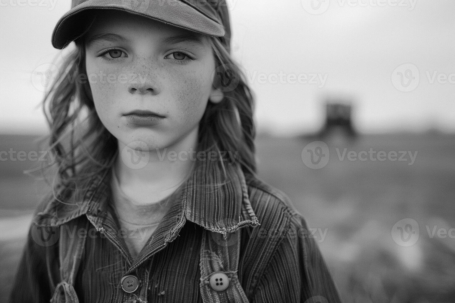 ai generado conmovedor niño retrato en trabajo ajuste en medio de campos o industrial fondo 2024 foto