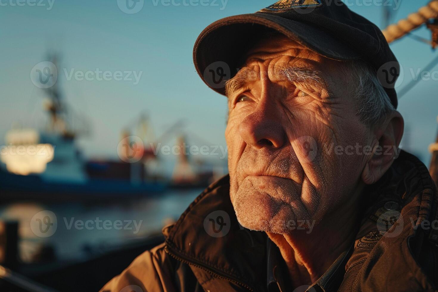 ai generado día de el marinero retrato marinero mirando a horizonte en bullicioso Puerto foto