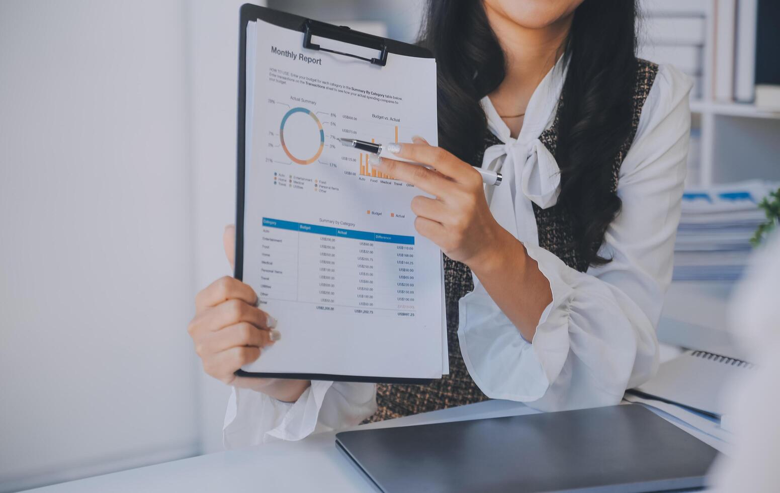 Business team collaboration discussing working analyzing with financial data and marketing growth report graph in team, presentation and brainstorming to strategy planning making profit of company. photo