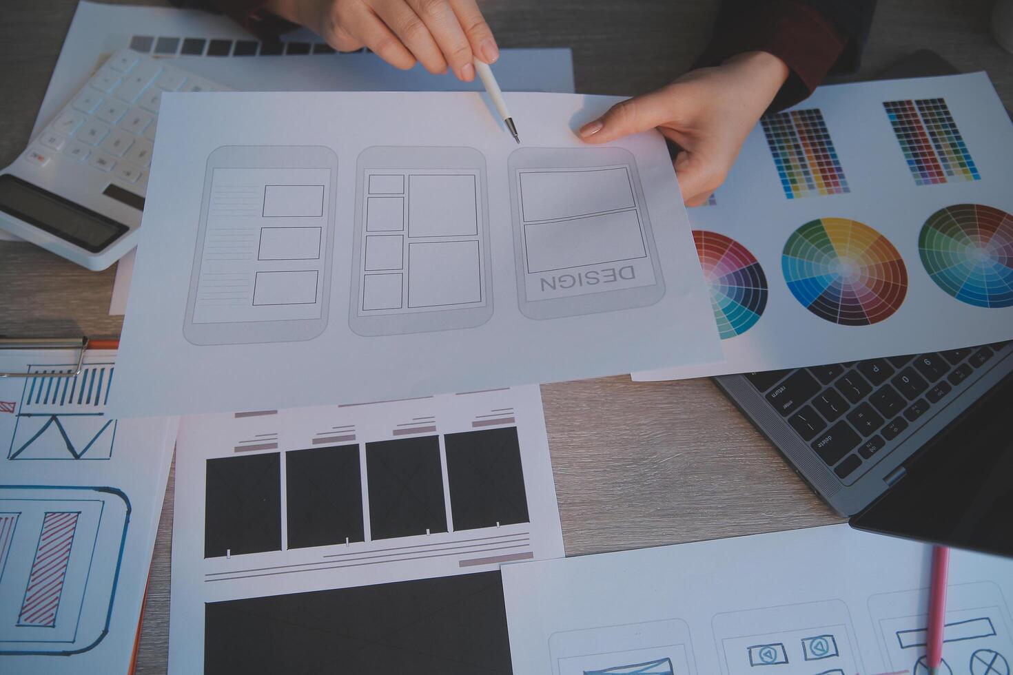 UX UI design process for modish mobile application and website . Creative prototype of wireframe for professional app developer . photo