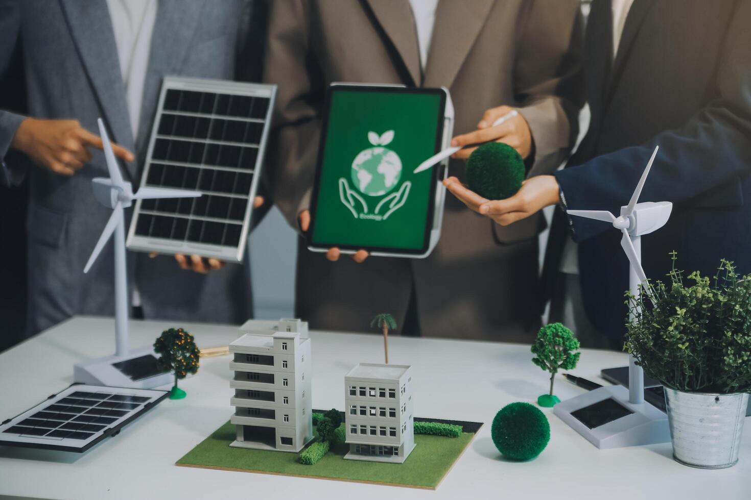 Carbon offset price report CO2 emission. Future growth Net zero waste in ESG ethical SME office protect climate change global warming social issues project. Group of asia people Eco friendly SDGs plan photo