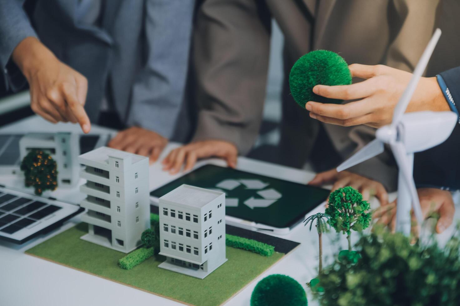Carbon offset price report CO2 emission. Future growth Net zero waste in ESG ethical SME office protect climate change global warming social issues project. Group of asia people Eco friendly SDGs plan photo