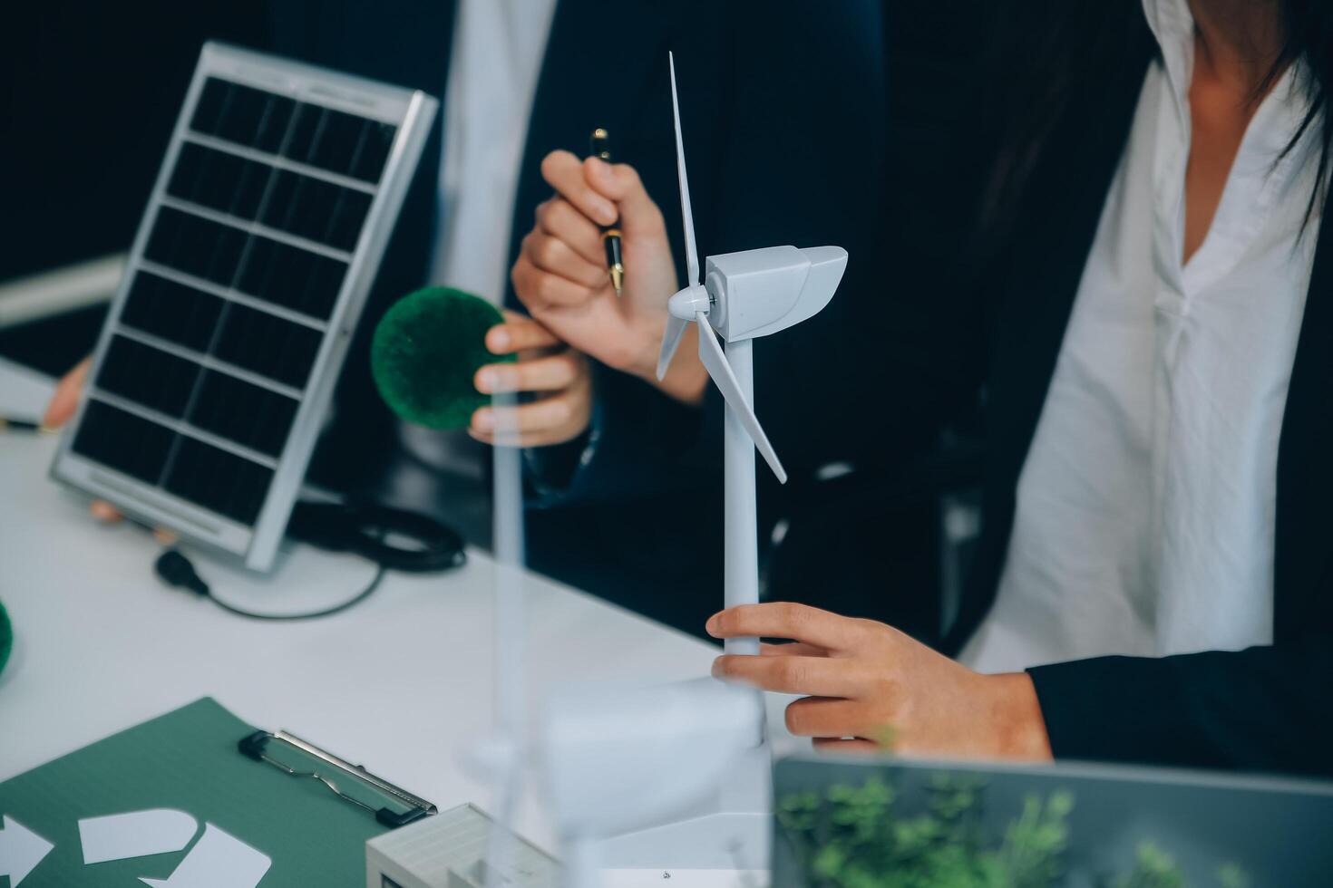 Carbon offset price report CO2 emission. Future growth Net zero waste in ESG ethical SME office protect climate change global warming social issues project. Group of asia people Eco friendly SDGs plan photo