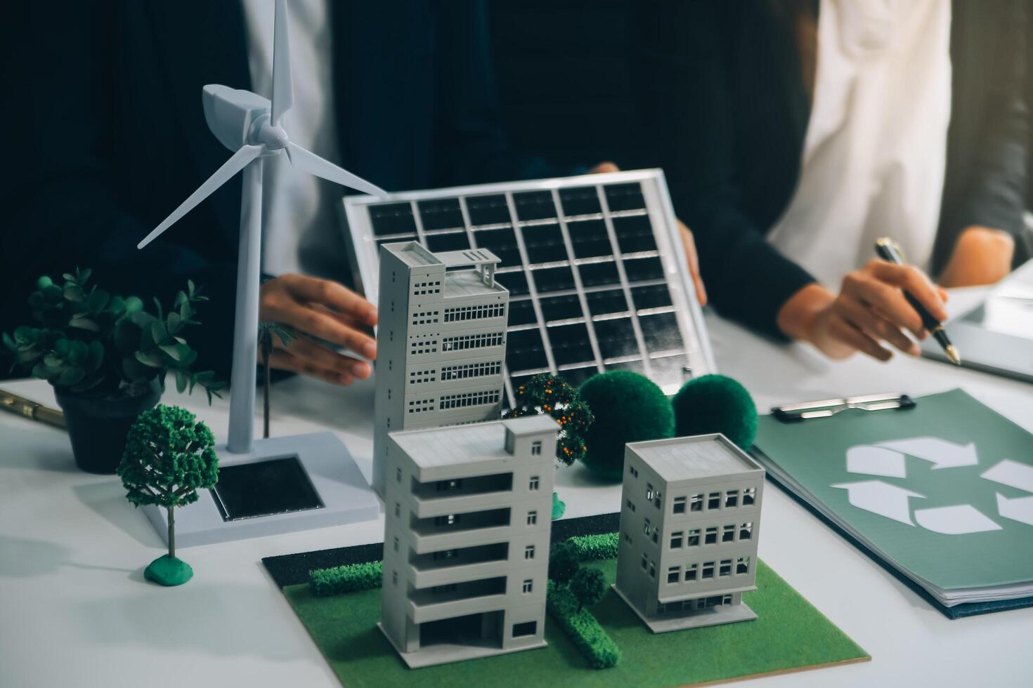 Carbon offset price report CO2 emission. Future growth Net zero waste in ESG ethical SME office protect climate change global warming social issues project. Group of asia people Eco friendly SDGs plan photo